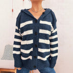 Damen oversized Strickjacke mit kontrastierenden Streifen und Kapuze R&B