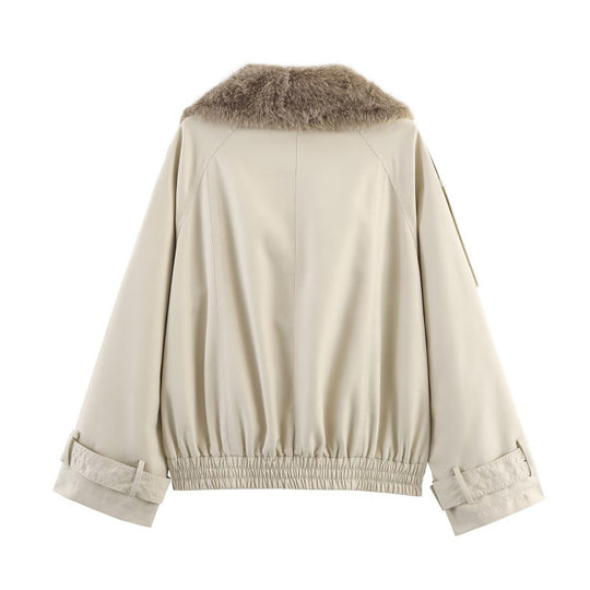 Damen modische Jacke mit kunstvollem Fellkragen und doppelter Knopfblende R&B
