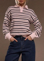 Damen gestreifter Pullover mit Polokragen R&B
