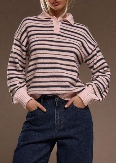 Damen gestreifter Pullover mit Polokragen R&B