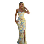 Damen figurbetontes Maxikleid mit floralem Muster und sexy Schlitz R&B