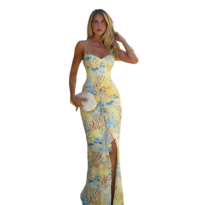 Damen figurbetontes Maxikleid mit floralem Muster und sexy Schlitz R&B