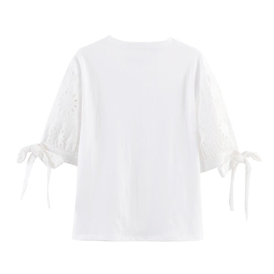 Damen T-Shirt mit elegantem Spitzenschnitt und zeitloser Schleifen-Applikation R&B