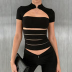 Damen Cropped Blusenshirt aus strapazierfähigem Stretchmaterial mit elegantem Stehkragen R&B