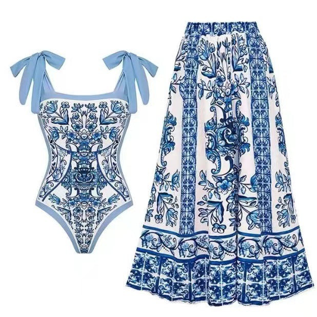 Damen Badeanzug mit floralem Druck und passendem Wickelrock R&B