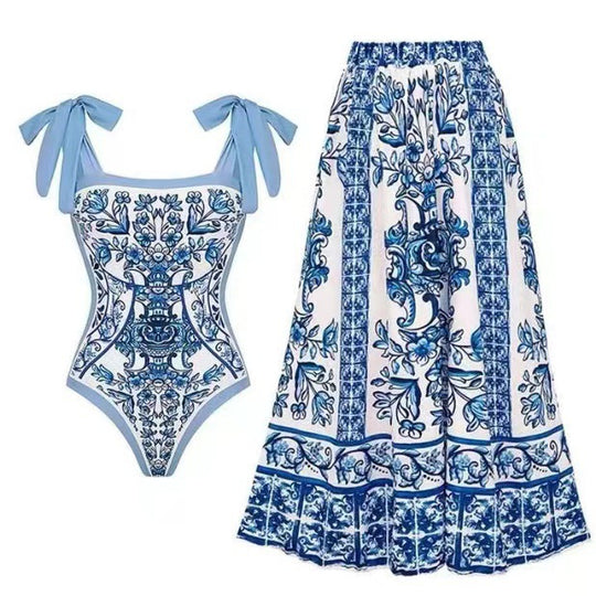 Damen Badeanzug mit floralem Druck und passendem Wickelrock R&B