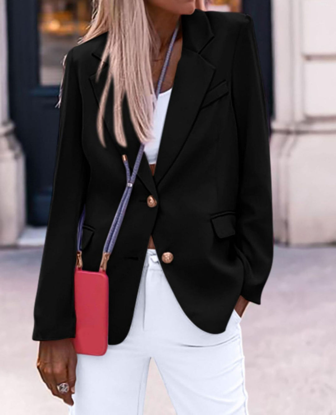 Damen Eleganter Einreiher Blazer mit goldenen Knöpfen und tailliertem Schnitt R&B