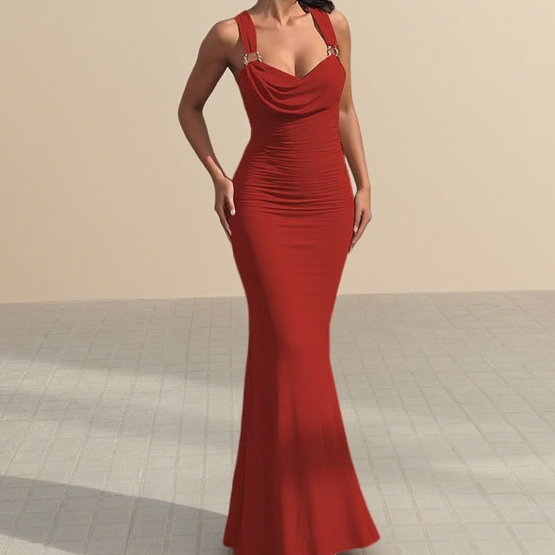 Damen Elegantes figurbetontes Abendkleid mit drapiertem Oberteil und goldenen Trägern R&B