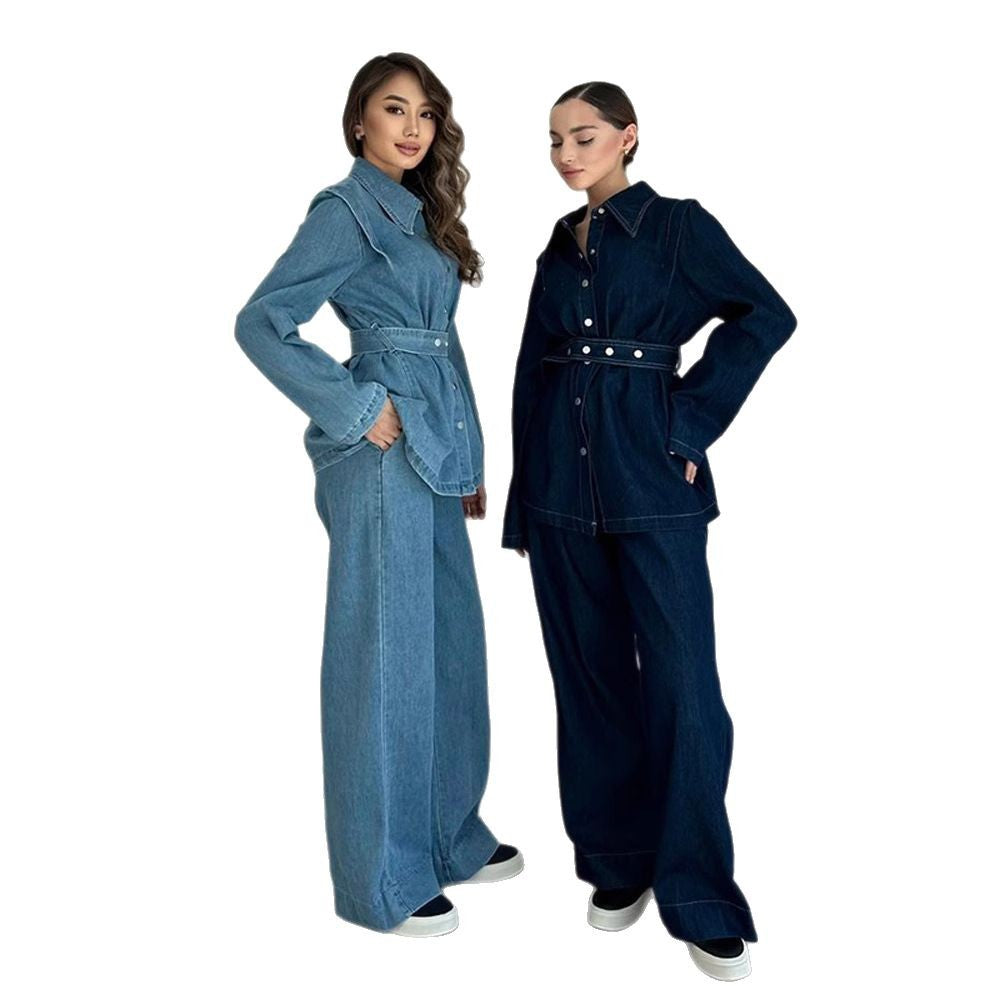 Damen Denim-Jumpsuit mit elegantem Gürtel und weitem Bein R&B