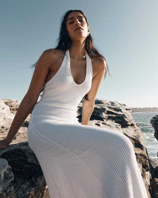 Damen Maxikleid aus feinem Netzstrick mit tiefem V-Ausschnitt R&B