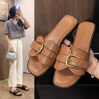 Damen modische Badeschuhe mit trendigem Riemen und goldfarbener Schnalle R&B