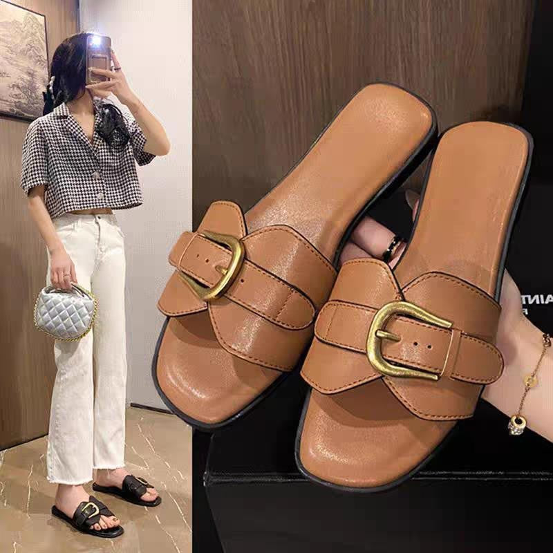 Damen modische Badeschuhe mit trendigem Riemen und goldfarbener Schnalle R&B