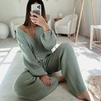 Damen Angesagtes Strick-Loungewear-Set mit modischen Knöpfen und Kordelzug R&B