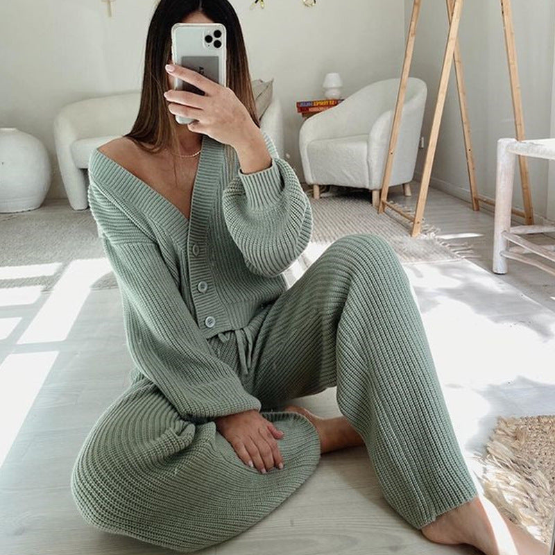 Damen Angesagtes Strick-Loungewear-Set mit modischen Knöpfen und Kordelzug R&B