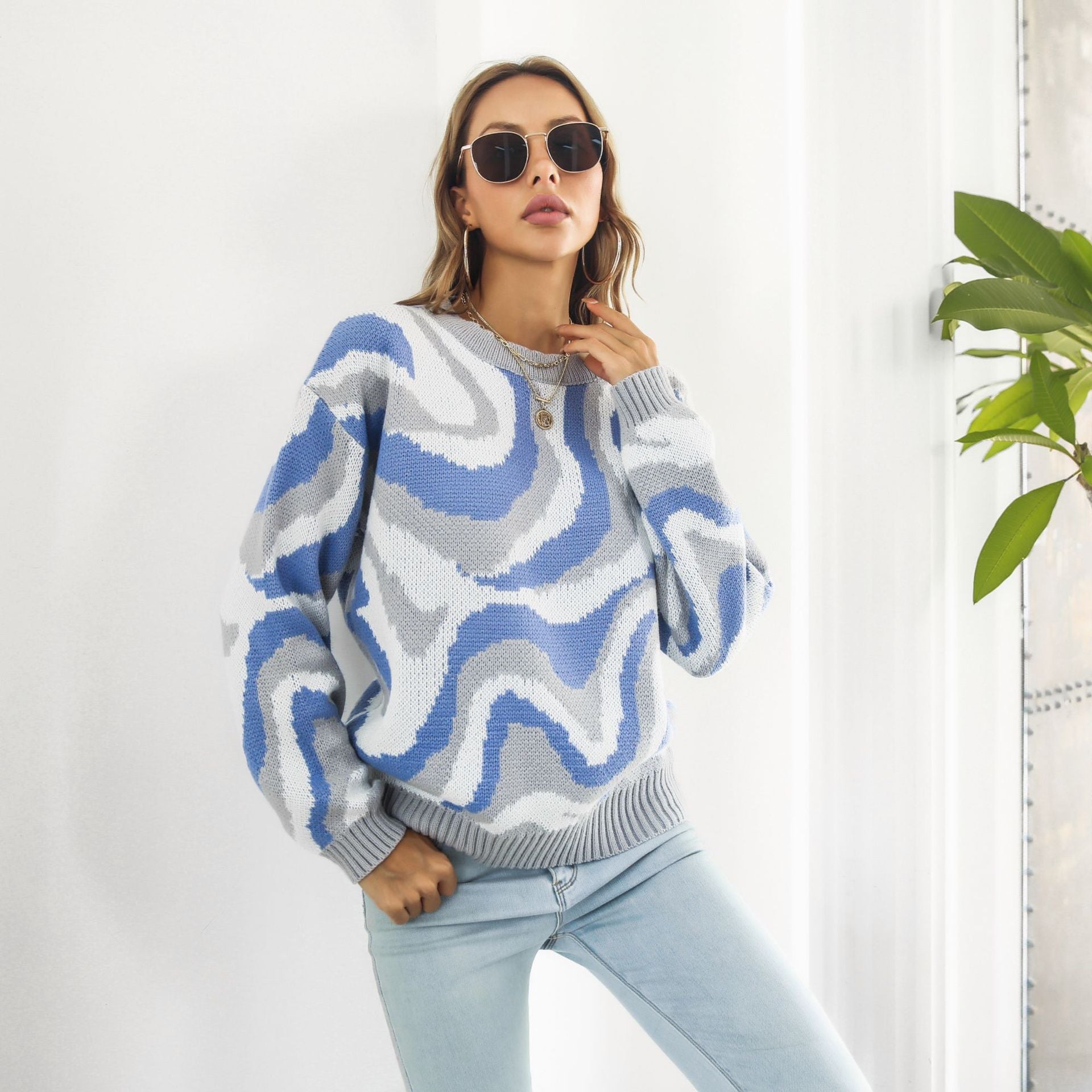 Damen lässiger Pullover mit einzigartigem Wellenmuster R&B
