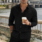 Herren gestreiftes Langarmshirt mit modischem Stehkragen und praktischer Brusttasche R&B