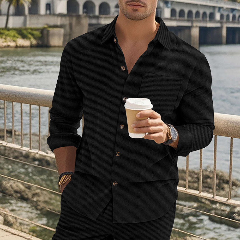 Herren gestreiftes Langarmshirt mit modischem Stehkragen und praktischer Brusttasche R&B