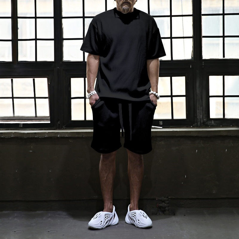 Herren nan lässiges Waffeljersey-Set mit weitem Oberteil und Tunnelzug-Shorts R&B