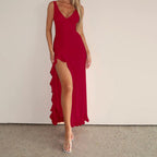 Damen Maxikleid mit tiefem V-Ausschnitt und asymmetrischem Rüschensaum R&B