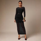 Damen nan schmalgeschnittenes Mesh-Midikleid mit langen Ärmeln, Taillenraffung und semitransparenter Rockbahn R&B