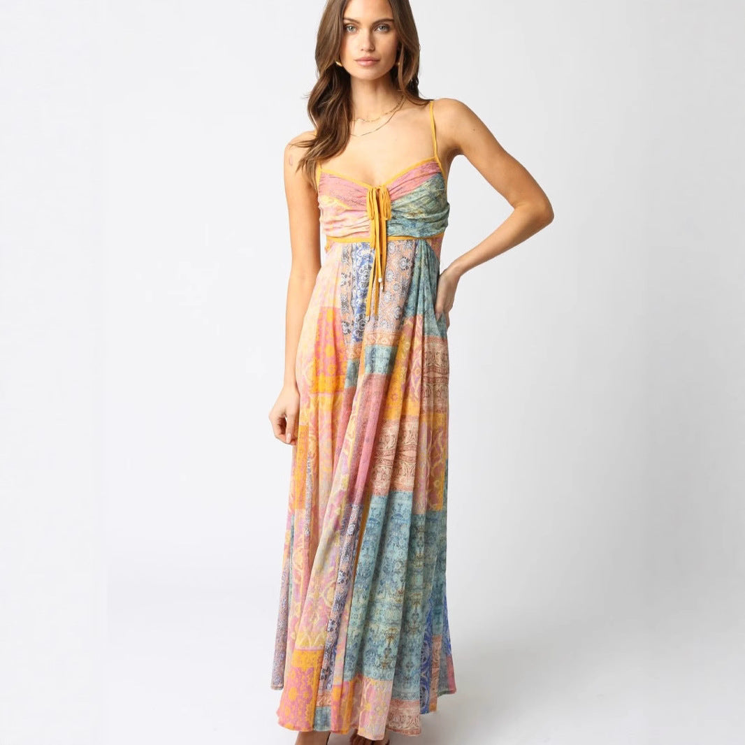 Damen nan bodenlanges Maxikleid mit gerafftem Bustier, Tunnelzug und Patchwork-Print R&B
