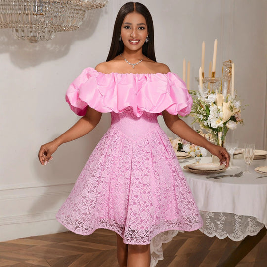 Damen A-Linien Kleid mit floralen Spitzenapplikationen und voluminösen Puffärmeln R&B