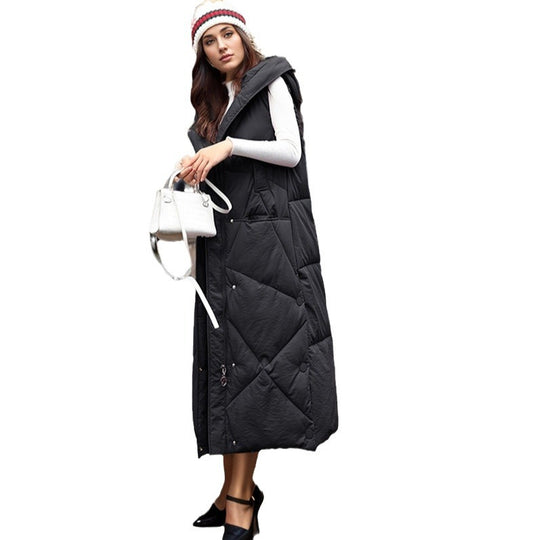 Damen gesteppte lange Weste mit isolierender Kapuze und praktischen Taschen R&B