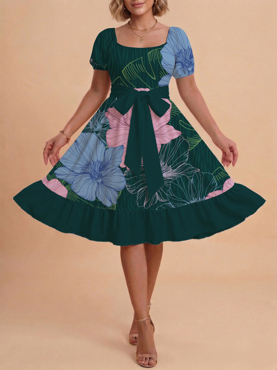 Damen Blumenkleid mit taillierbarem Gürtel und voluminösen Ärmeln R&B