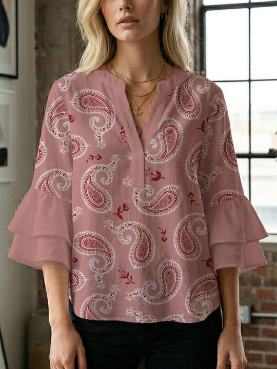 Damen Bluse mit voluminösen Flügelärmel und intensivem Blattmuster R&B