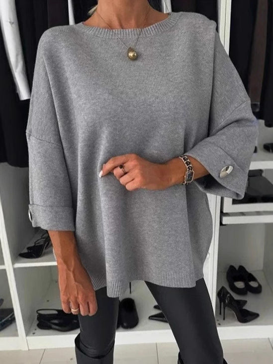 Damen lässiges Strickoberteil mit weiten Ärmeln und dekorativen Knöpfen R&B