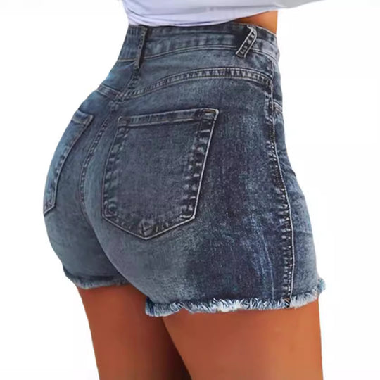 Damen Hochtaillierte Jeans-Shorts mit fransigem Saum R&B