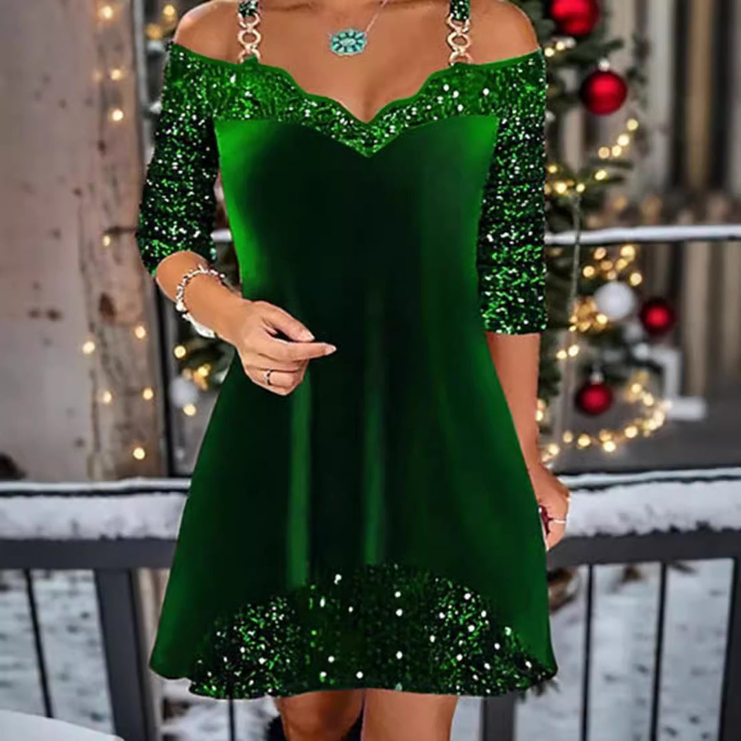 Damen nan schulterfreies Pailletten-Swingkleid mit zierlichen Ketten‑Trägern, halblangen Ärmeln und Volantbesatz R&B