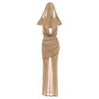 Damen Elegantes Maxikleid mit tiefem Pracht-Ausschnitt und durchscheinendem Stoff R&B