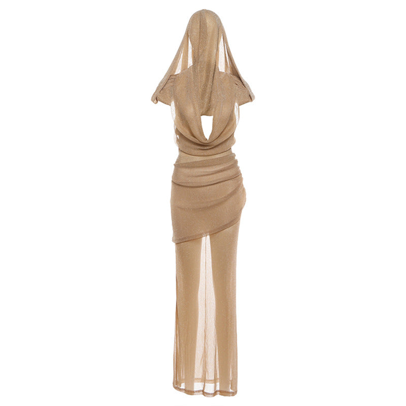 Damen Elegantes Maxikleid mit tiefem Pracht-Ausschnitt und durchscheinendem Stoff R&B