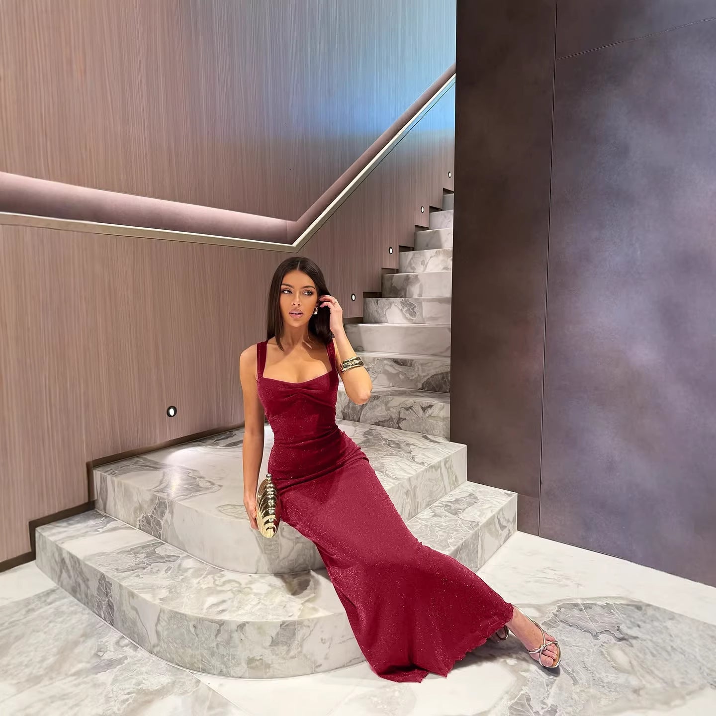 Damen Glitzerndes Maxikleid mit Carmen-Ausschnitt und figurformendem Schnitt R&B