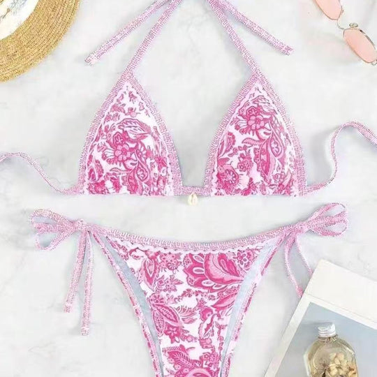 Damen Triangel-Bikini mit floralem Muster und verstellbaren Bindebändern R&B