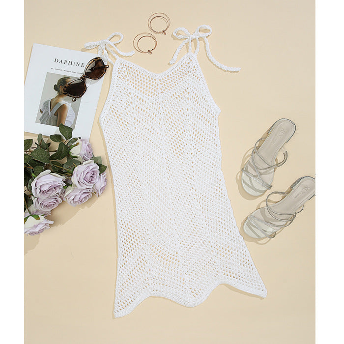 Damen Häkel-Strandkleid mit verstellbaren Trägern und dekorativem Netzdesign R&B