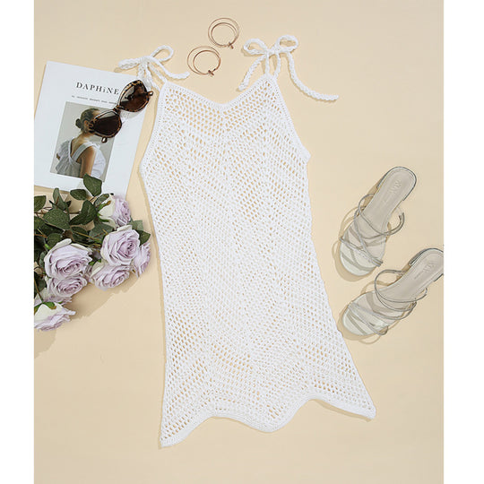 Damen Häkel-Strandkleid mit verstellbaren Trägern und dekorativem Netzdesign R&B
