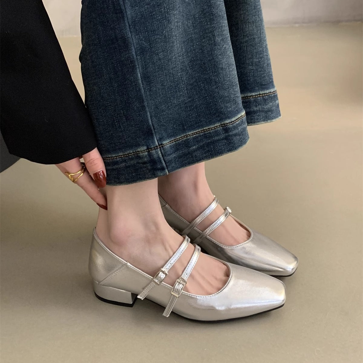 Damen elegante Mary Jane Ballerinas mit modischem Doppelriemen und komfortablem Fußbett R&B