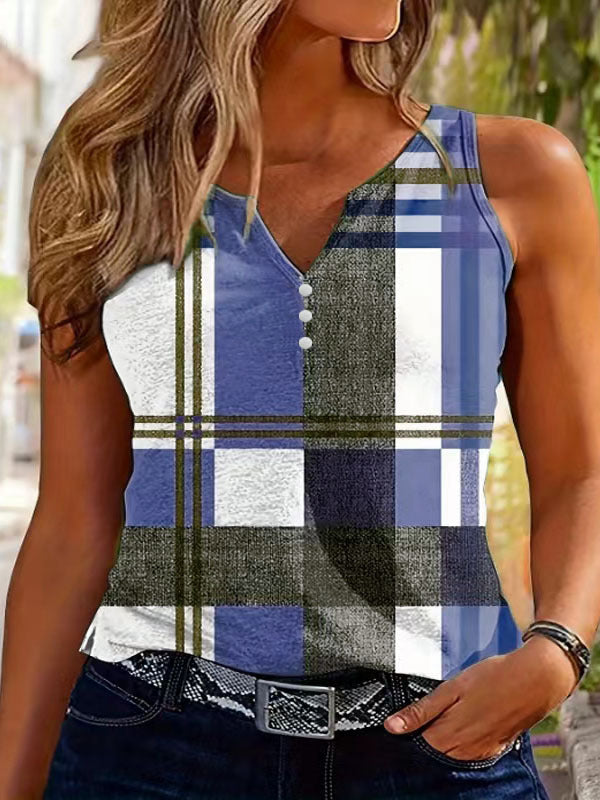 Damen ärmelloses V-Neck Top mit dekorativem Knopfdetail und modernem Karomuster R&B