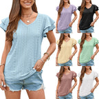 Damen luftiges V-Ausschnitt T-Shirt mit Rüschendetails und Lochmuster R&B