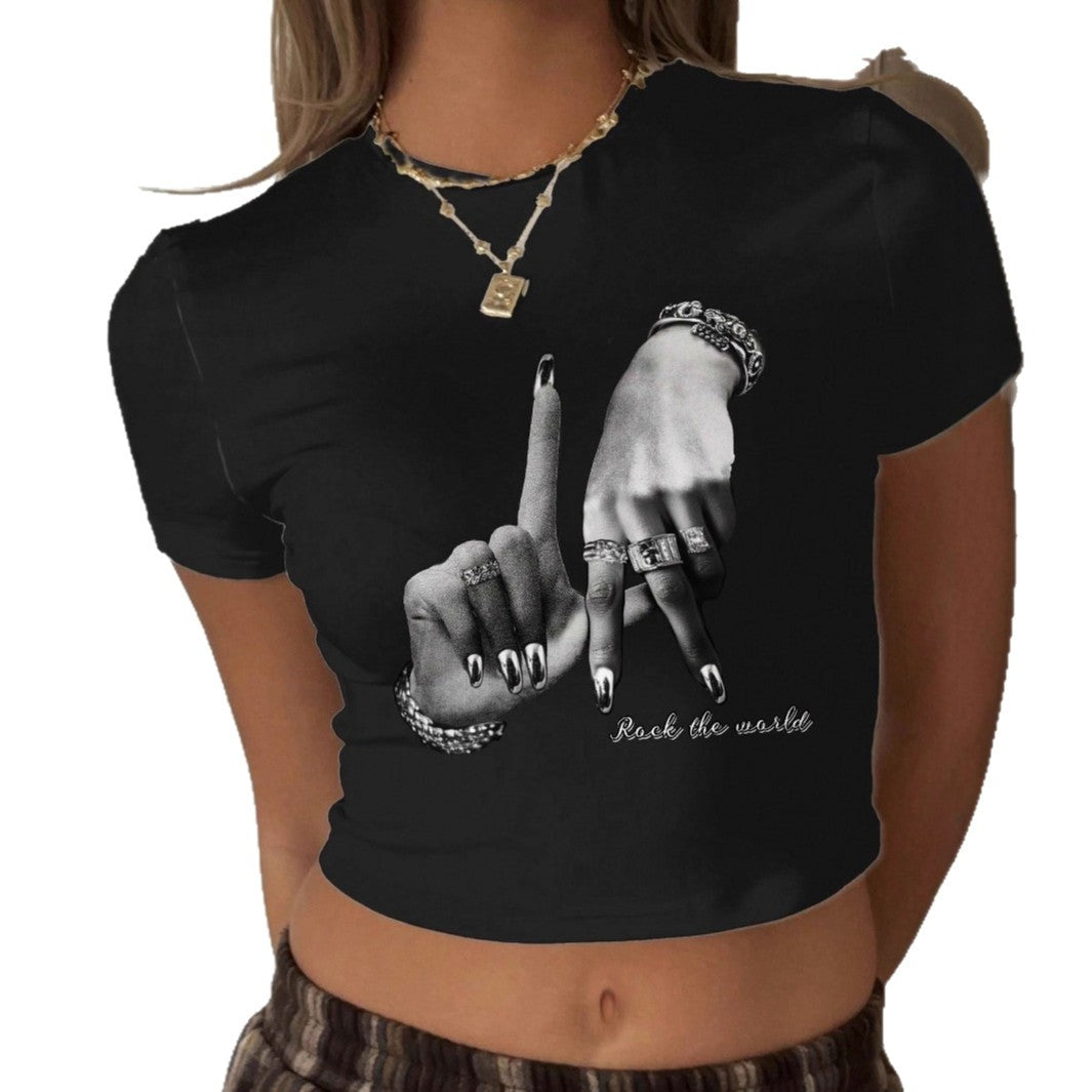 Damen Crop-T-Shirt mit künstlerischem Handdesign und motivierendem Schriftzug R&B