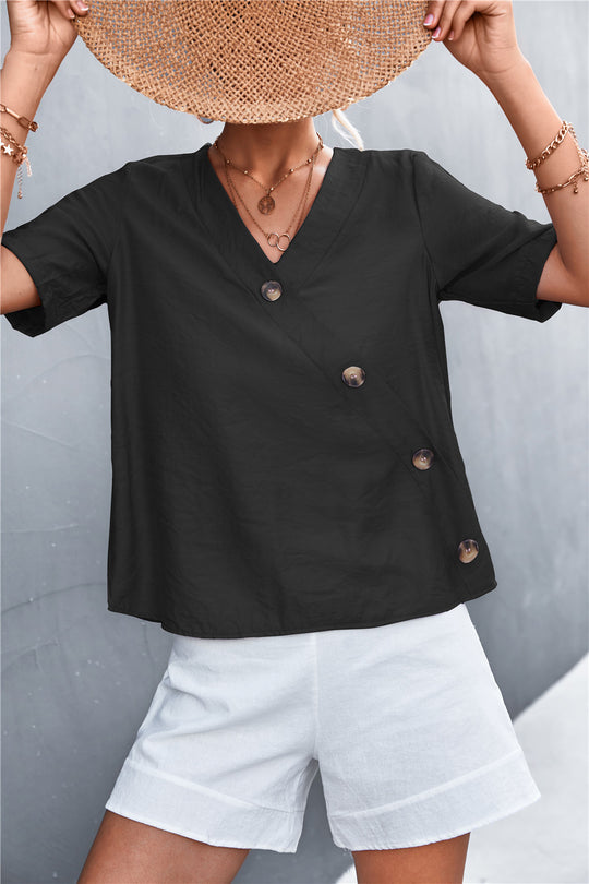 Damen lässige Bluse mit Wickeloptik und Knopfdetails R&B
