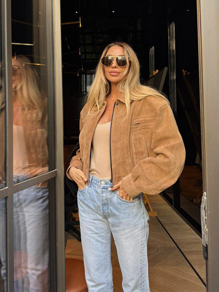 Damen Modische Wildlederjacke im cropped Stil mit praktischen Taschen R&B