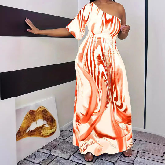 Damen Maxikleid mit asymmetrischem Schnitt und elegantem Muster R&B