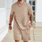 Herren nan leichter Freizeit-Zweiteiler in Waffelstruktur mit Rundhals-T-Shirt und komfortablen Shorts R&B