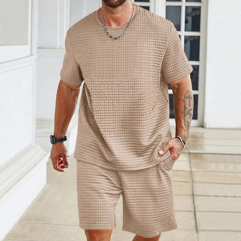 Herren nan leichter Freizeit-Zweiteiler in Waffelstruktur mit Rundhals-T-Shirt und komfortablen Shorts R&B