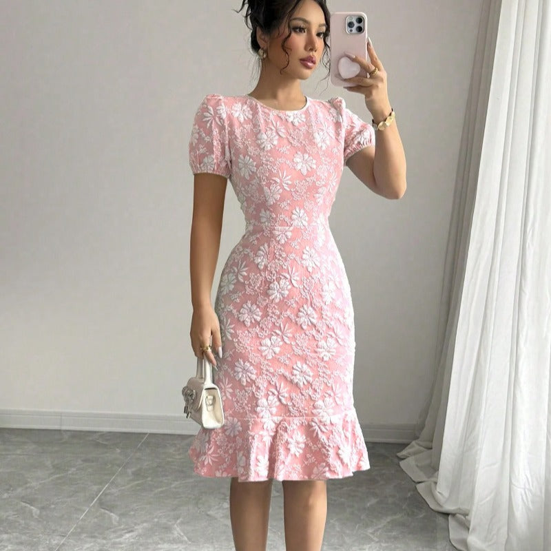 Damen elegantes Midikleid mit voluminösen Ballonärmeln und floralen Akzenten R&B