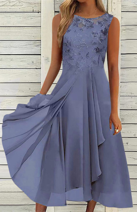 Damen nan ärmelloses Chiffon-Midikleid mit bestickter Brustpartie und asymmetrischem Lagenrock R&B