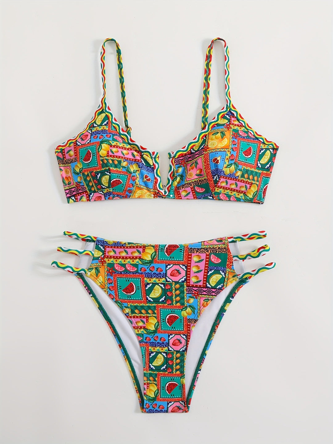 Damen Bikini-Set mit buntem Fruchtmuster und raffinierten Trägerdetails R&B